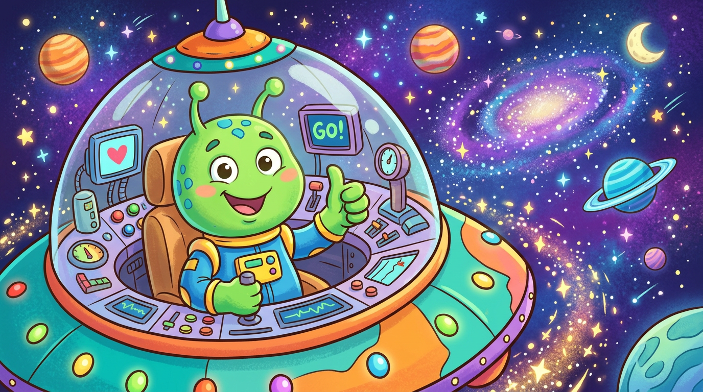 Green alien flying a UFO through space